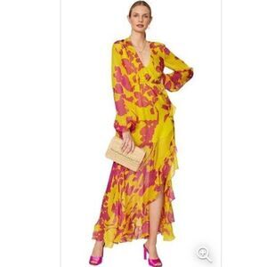 Caroline Constas Liv Maxi Dress High Low Silk Large Yellow/Pink